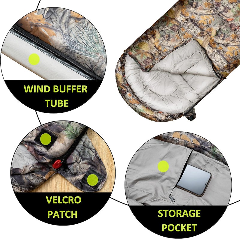 rioyalo 0 Degree Winter Sleeping Bags for Adults Camping (450GSM) - Temp Range (5F–32F) Portable Waterproof Compression Sack- Camping Sleeping Bags for Big and Tall in Env Hoodie: Backpacking Hiking 4 Season - Image 5